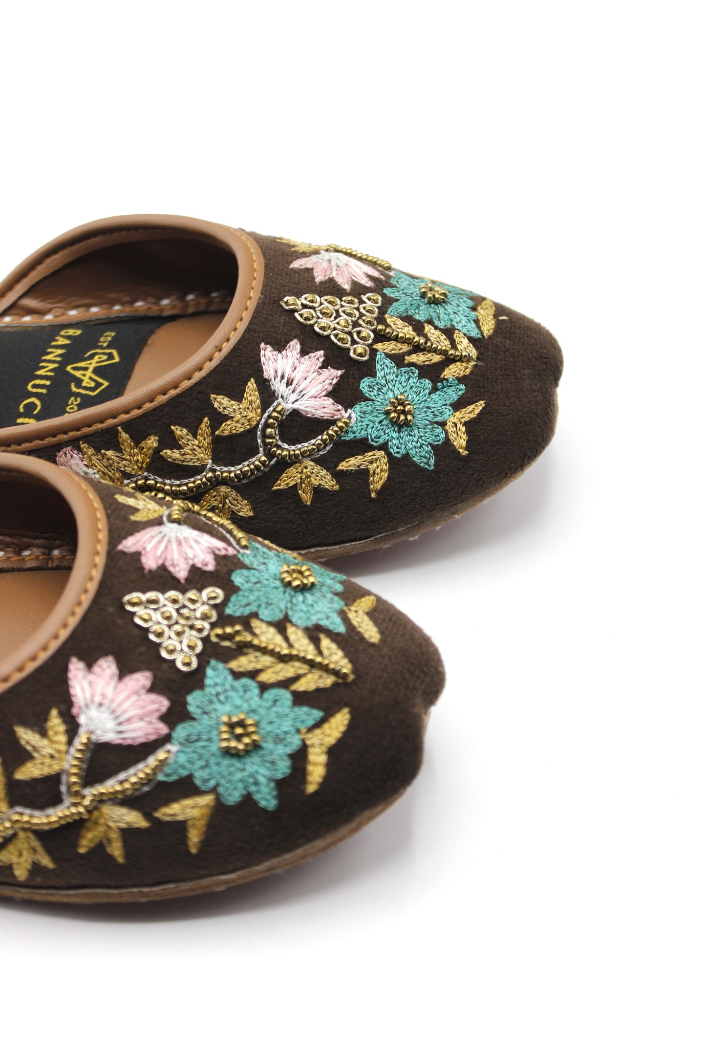Premium Quality Back less Dark Brown Multi Color Embroidered Khussas