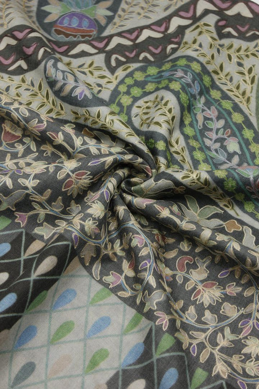 PREMIUM QUALITY LIGHT GREEN MULTICOLOR KALAMKAAR PASHMINA CASHMERE SHAWL